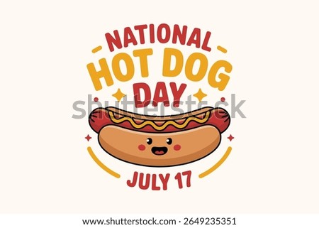 Flat icon hot dog character with funny face and text for national hot dog day celebration on july 17 sticker