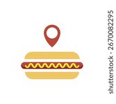 Flat icon of a hotdog with mustard and map pin symbol on top. Vector illustration.