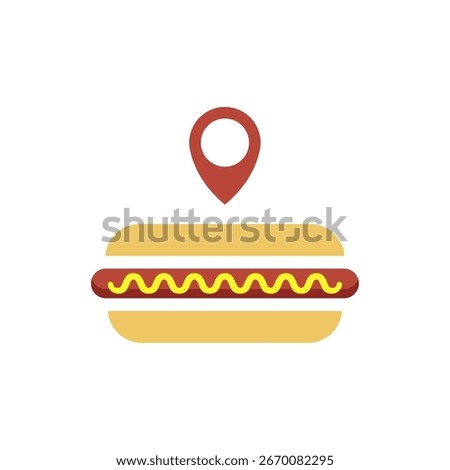 Flat icon of a hotdog with mustard and map pin symbol on top. Vector illustration.