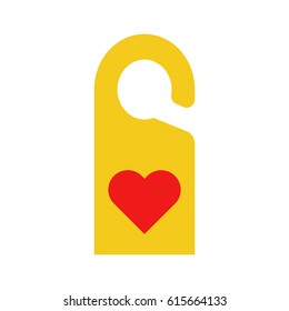 Flat icon hotel door label with red heart. Vector illustration.