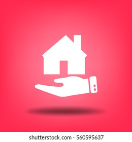 Flaches Symbol. Das Haus auf einer Palme. Konzeptionelle Idee des Verkaufs von Immobilien.