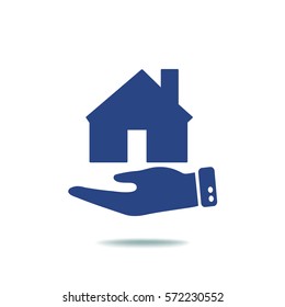 Flat icon. The house on a palm. Conceptual idea of selling real estate.