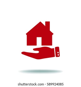 Flat icon. The house on a palm. Conceptual idea of selling real estate.
