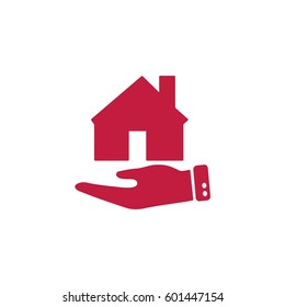 Flat icon. The house on a palm. Conceptual idea of selling real estate.