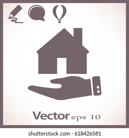 Flat icon. The house on a palm. Conceptual idea of selling real estate.