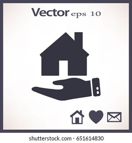 Flat icon. The house on a palm. Conceptual idea of selling real estate.