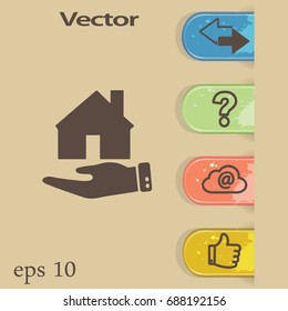 Flat icon. The house on a palm. Conceptual idea of selling real estate.