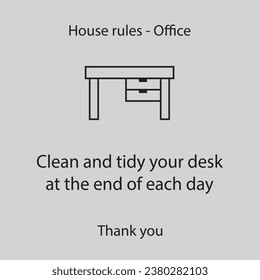 Flat icon house rules - office - Clean and tidy your desk at the end each day solated on gray background. Vector illustration.