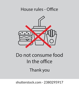 Flat icon house rules - office - Do not consume food In the office solated on gray background. Vector illustration.