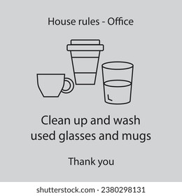 Flat icon house rules - office - Clean up and wash used glasses and mugs solated on gray background. Vector illustration.