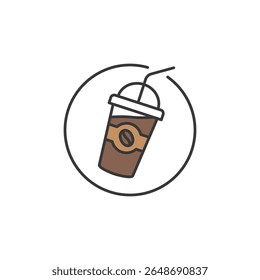 Flat icon of an iced coffee cup with lid and straw, ideal for cafés promoting cold brew, chilled espresso drinks, and takeaway refreshers, optimized for trending summer beverages