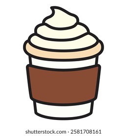 A flat icon illustrating a carton cup of coffee topped with creamy foam. 