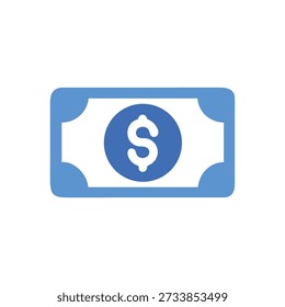 Flat icon illustration of a blue dollar bill against a White Background. Modern and simple design.