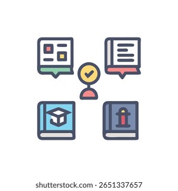 Flat icon illustration with books, educational symbols, and a checkmark signifying verified learning. Simple design against black backdrop.