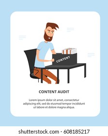 Flat icon illustration concept of Content Audit. Marketing template. Doodle design style concept. The marketer checks the content.
