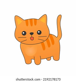 Flat icon illustration of a cute ginger cat. Happy face chubby kitten. Orange tabby cat in standing position isolated in white background. Printable clip art for kids. 