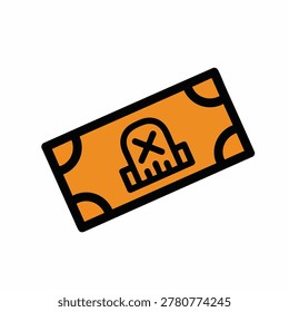 A flat icon illustration depicting an orange rectangular banknote featuring a black outline of a tombstone symbol in the center, representing death of money or financial loss.