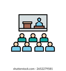 Flat icon illustration depicting a speaker at a podium addressing an audience. The style is clean and modern.