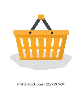 Flat icon illustration of empty plastic grocery cart, self service store equipment. Grocery shopping, sale, department store. Vector on white background.