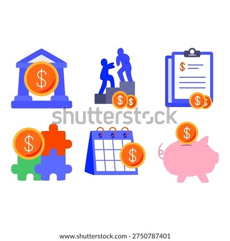 Flat icon illustration featuring economic department, growth business, clipboard report, puzzle coin, payday calendar, and piggy saving. Perfect for content on finance, business growth, investment planning, money management, and financial education. Ideal for websites, apps, blogs, and presentations.