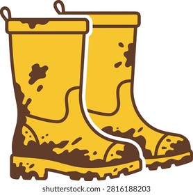 A flat icon illustration featuring a pair of muddy rain boots, perfect for themes related to autumn, rainy weather, outdoor activities, and gardening.