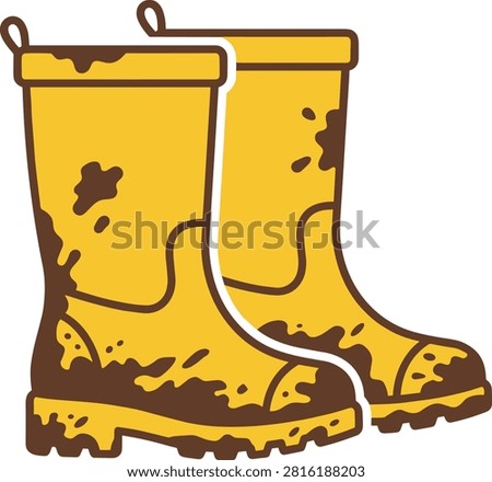 A flat icon illustration featuring a pair of muddy rain boots, perfect for themes related to autumn, rainy weather, outdoor activities, and gardening.