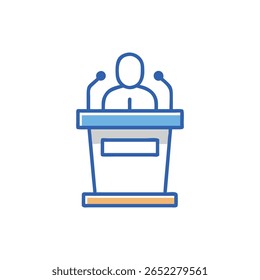 Flat icon illustration of a figure speaking at a podium with two microphones. The figure is simple and abstract.