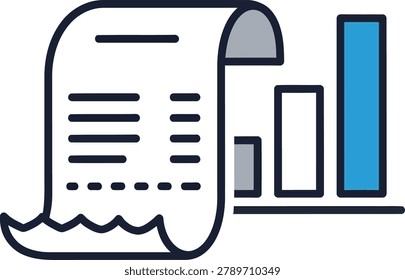 Flat icon illustration of a financial receipt and ascending bar graph representing business growth isolated on transparent background