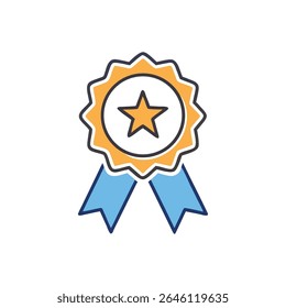 A flat icon illustration of a gold star badge and ribbons, set centrally against White Background.