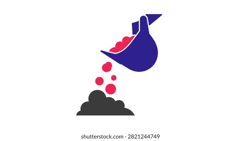 A flat icon illustration of a heavy machinery excavator bucket dumping gravel or construction material onto a pile.