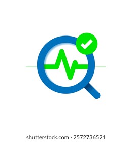 Flat icon illustration of a magnifying glass with a waveform graph and check mark. health tool app. concepts of health tracking, medical diagnostics, fitness analysis, or wellness monitoring