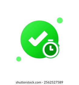 flat icon illustration of on time with a green checkmark and a stopwatch, symbolizing punctuality and time management. for applications related to deadlines, scheduling, productivity, or efficiency