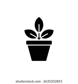 Flat icon illustration of a potted plant with leaves, symbolizing growth, nature, and freshness on transparent background.