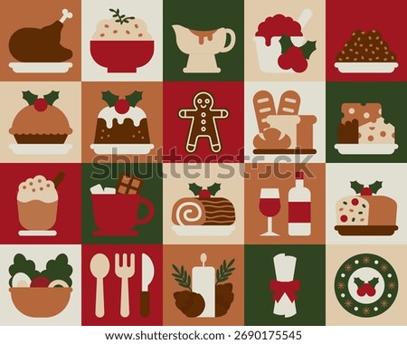 Flat icon illustration set of 20 Christmas feast and holiday dinner items in white, brown and green tones. Ideal for festive menus, restaurant promotions, invitations, and holiday themed designs.