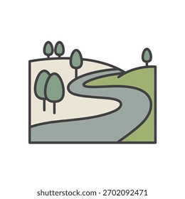 Ilustración plana del icono de un camino sinuoso a través del paisaje de las colinas verdes