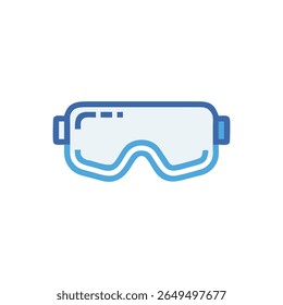Flat icon illustration of winter sport goggles with blue outline and light fill over White Background. Minimalist design.