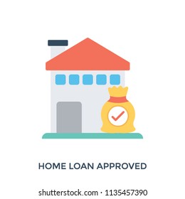 
Flat icon image of house building and sack with check mark, home loan approved 
