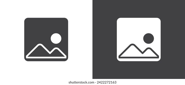 Flat icon of Image. Landscape photo image icon. Gallery icon vector illustration. Gallery, image, picture symbol, photo signs. Picture vector icon in black and white background.