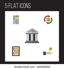 Flat Icon Incoming Set Of Bank, Counter, Hand With Coin Vector Objects. Also Includes Exchange, Building, Abacus Elements.
