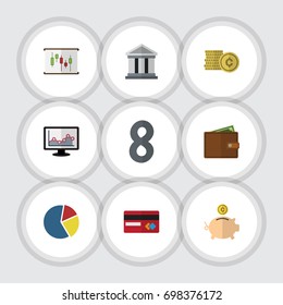 Flat Icon Incoming Set Of Bank, Graph, Money Box And Other Vector Objects. Also Includes Report, Box, Chart Elements.