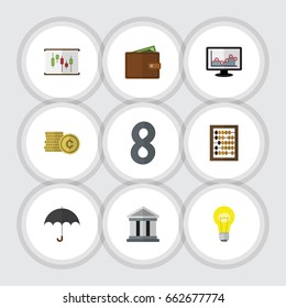 Flat Icon Incoming Set Of Billfold, Bank, Counter And Other Vector Objects. Also Includes Chart, Architecture, Shiner Elements.