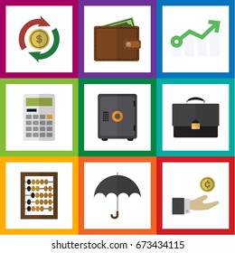 Flat Icon Incoming Set Of Billfold, Strongbox, Growth And Other Vector Objects. Also Includes Arrow, Counter, Beach Elements.
