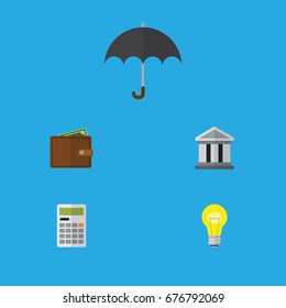 Flat Icon Incoming Set Of Billfold, Parasol, Bubl And Other Vector Objects. Also Includes Umbrella, Pocketbook, Light Elements.