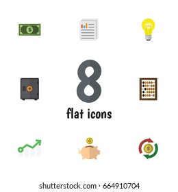 Flat Icon Incoming Set Of Bulb, Strongbox, Greenback And Other Vector Objects. Also Includes Diagram, Dollar, Idea Elements.
