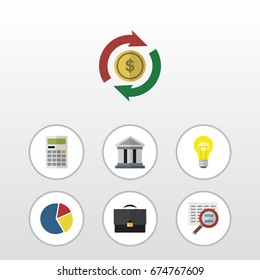 Flat Icon Incoming Set Of Calculate, Scan, Bank And Other Vector Objects. Also Includes Bank, Pie, Finance Elements.