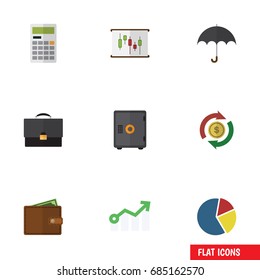 Flat Icon Incoming Set Of Calculate, Portfolio, Strongbox And Other Vector Objects. Also Includes Diagram, Pie, Graph Elements.