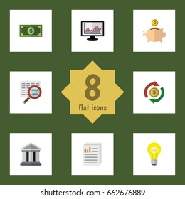 Flat Icon Incoming Set Of Chart, Money Box, Bubl And Other Vector Objects. Also Includes Search, Exchange, Dollar Elements.