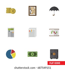 Flat Icon Incoming Set Of Counter, Strongbox, Greenback And Other Vector Objects. Also Includes Pie, Counter, Bar Elements.