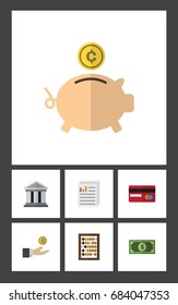 Flat Icon Incoming Set Of Greenback, Counter, Money Box And Other Vector Objects. Also Includes Document, Calculator, Abacus Elements.