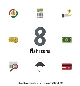 Flat Icon Incoming Set Of Hand With Coin, Payment, Parasol Vector Objects. Also Includes Money, Umbrella, Hand Elements.
